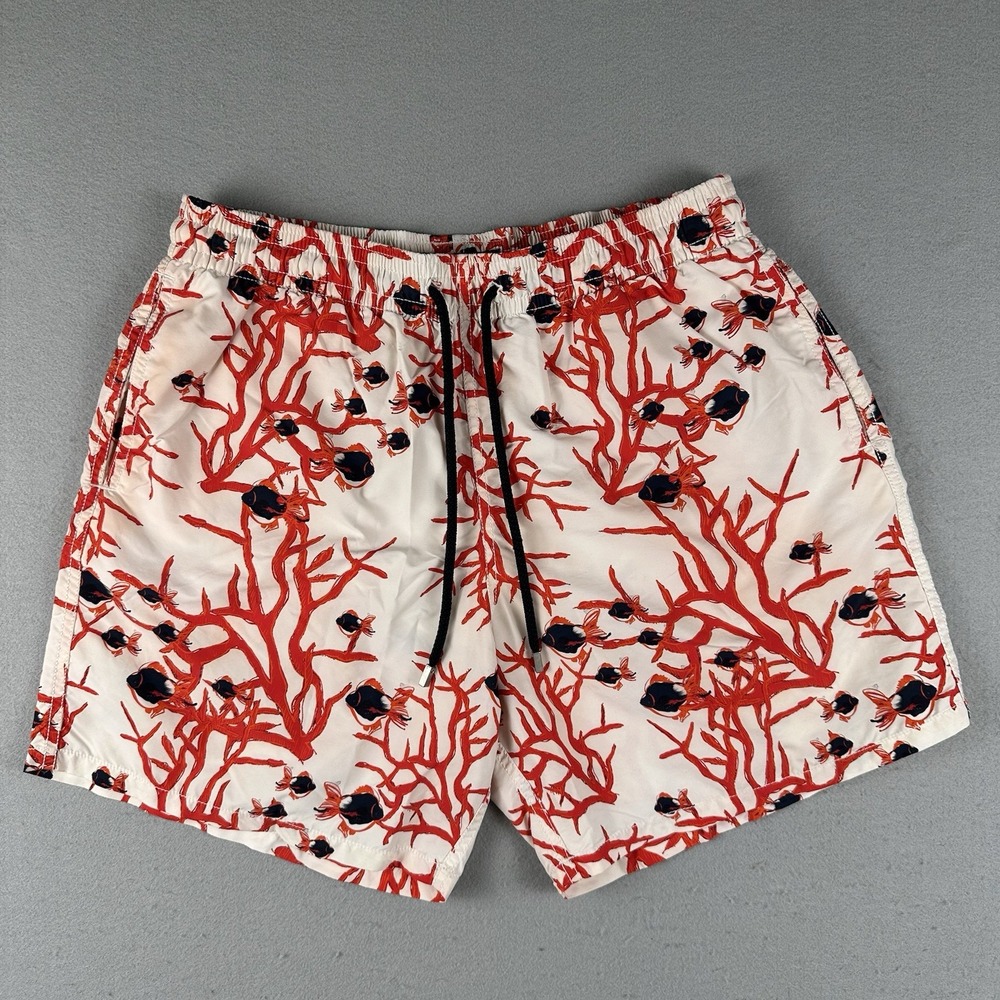 Vilebrequin Moorea Swim Trunks Men's XL White Red Coral & Fish Drawstring